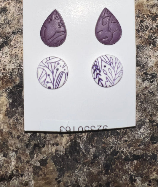 Lace Teardrop Studs, Purple Floral Studs, Floral Clay Studs