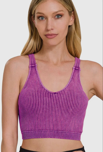 16 Premium Washed Seamless Crop Tank W/ Removable Bra- Multiple Colors Available