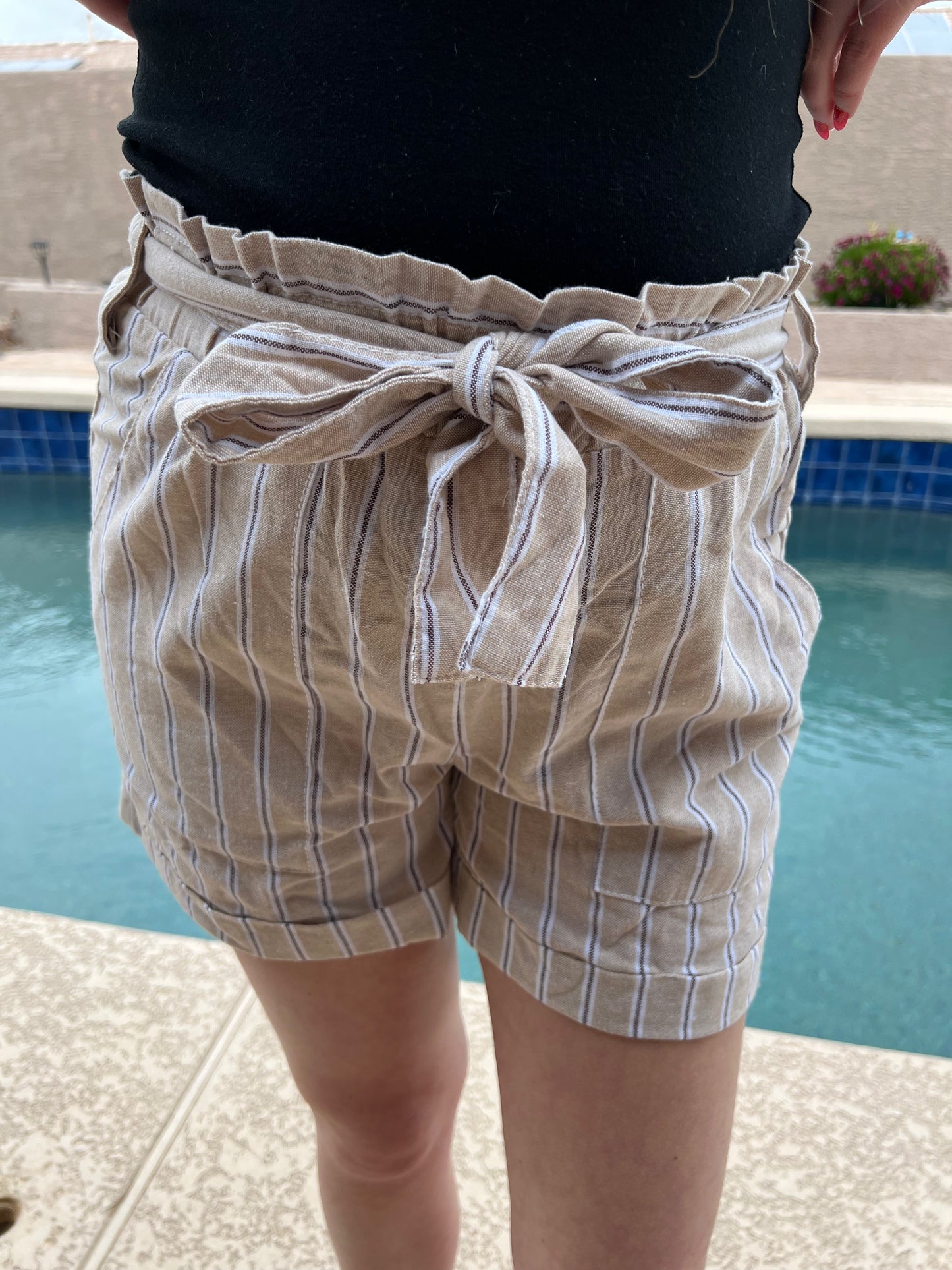 High waisted linen paper bag shorts- Khaki