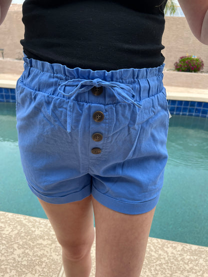 Elastic Waist Button Front Linen Blend Shorts- Corn Flower