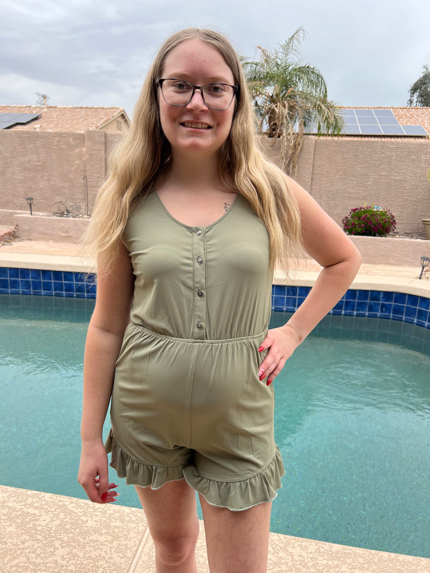 Sleeveless Ruffle Hem Romper- Sage