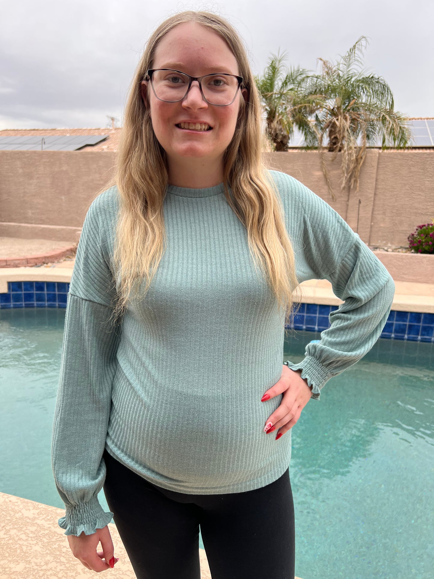 Striped Long Sleeve Top- Lake Green