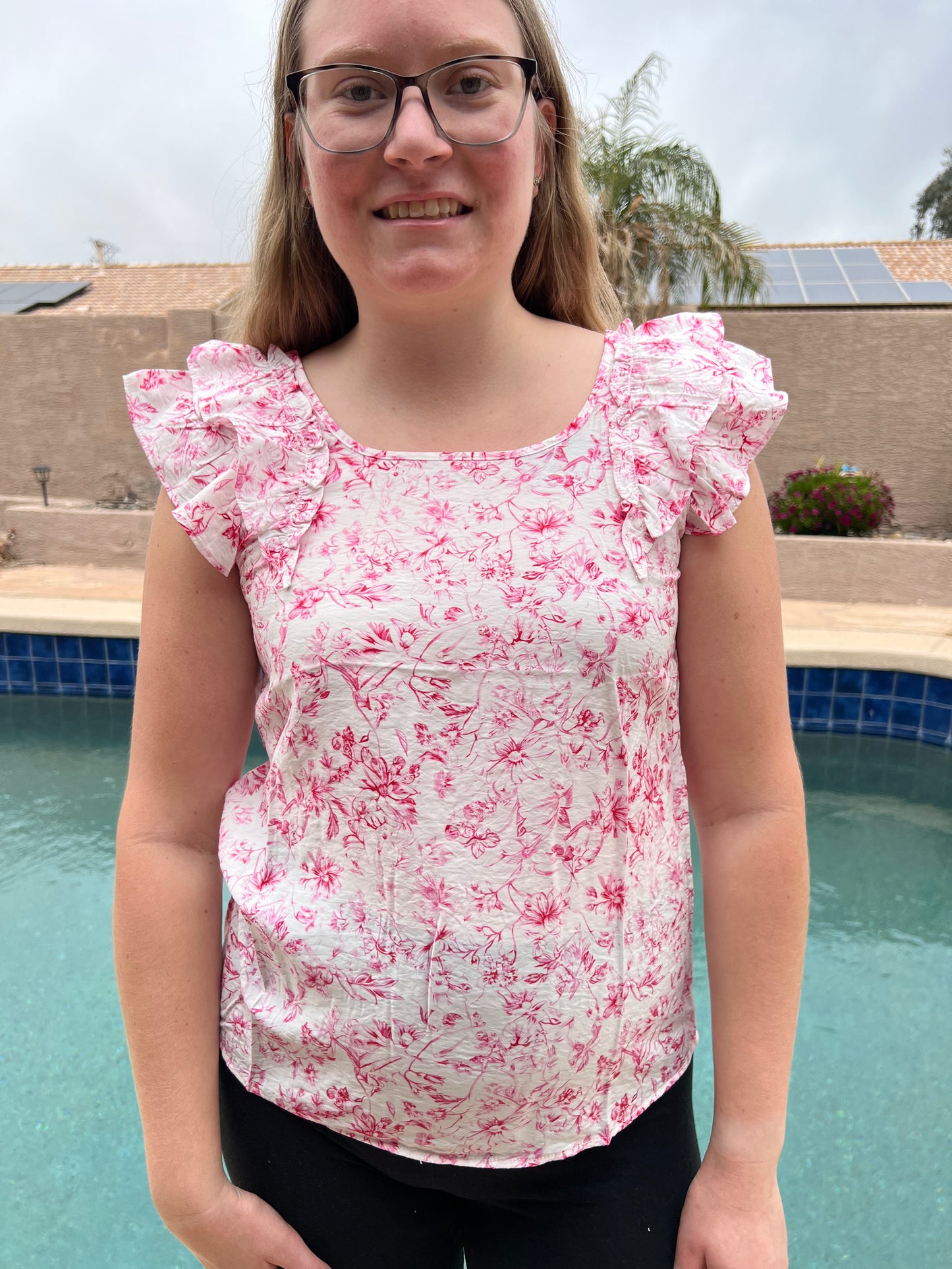 Floral Ruffled Short Sleeve Square Neck Bow Back Blouse