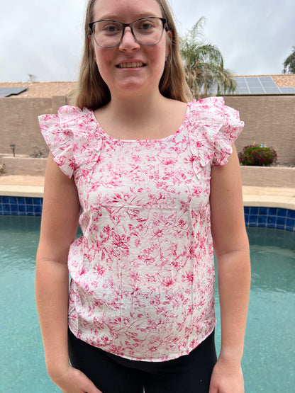 Floral Ruffled Short Sleeve Square Neck Bow Back Blouse