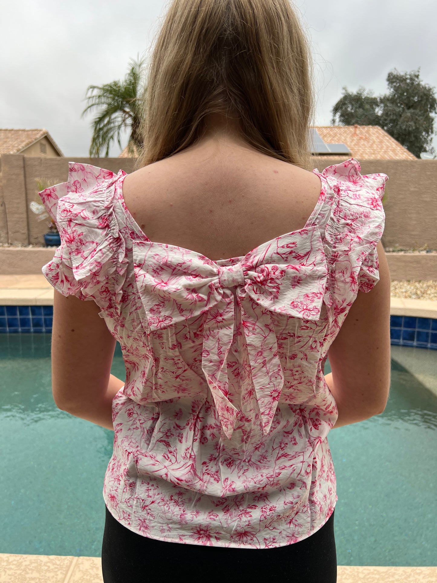 Floral Ruffled Short Sleeve Square Neck Bow Back Blouse