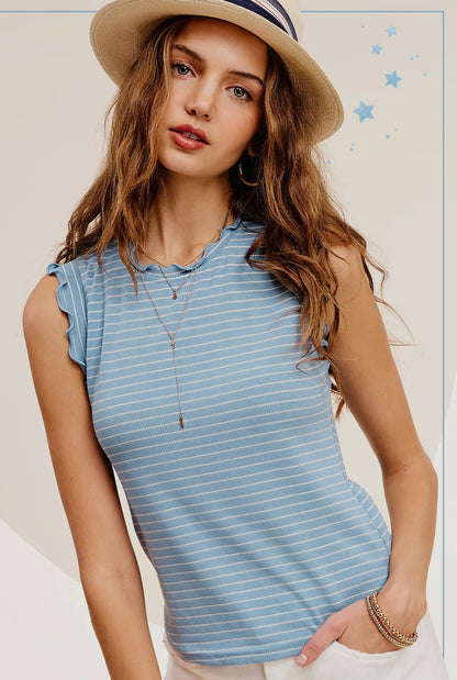 Stretchy Brushed Ruffle Sleeve Stripe Tank Top