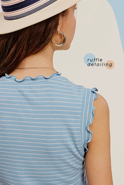 Stretchy Brushed Ruffle Sleeve Stripe Tank Top