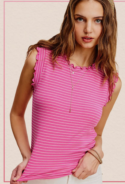Stretchy Brushed Ruffle Sleeve Stripe Tank Top