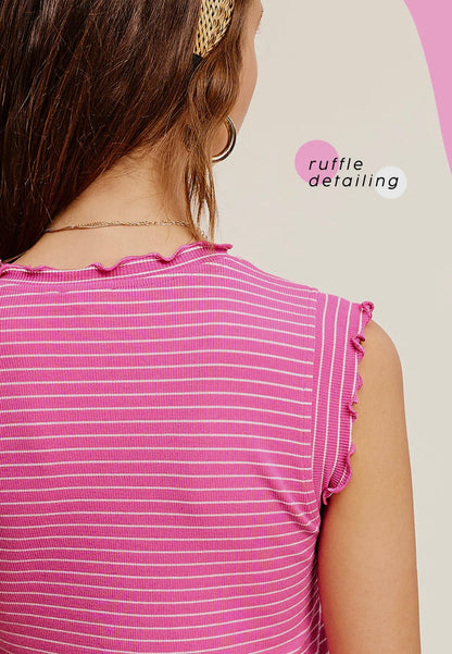 Stretchy Brushed Ruffle Sleeve Stripe Tank Top
