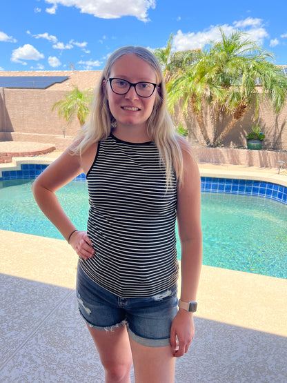 12 Striped Print Ribbed Knit Tank Top