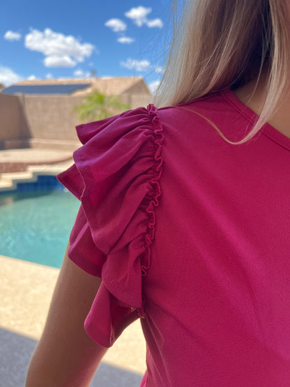 14 Short Ruffle Sleeve Round Neck Blouse- Red Rose