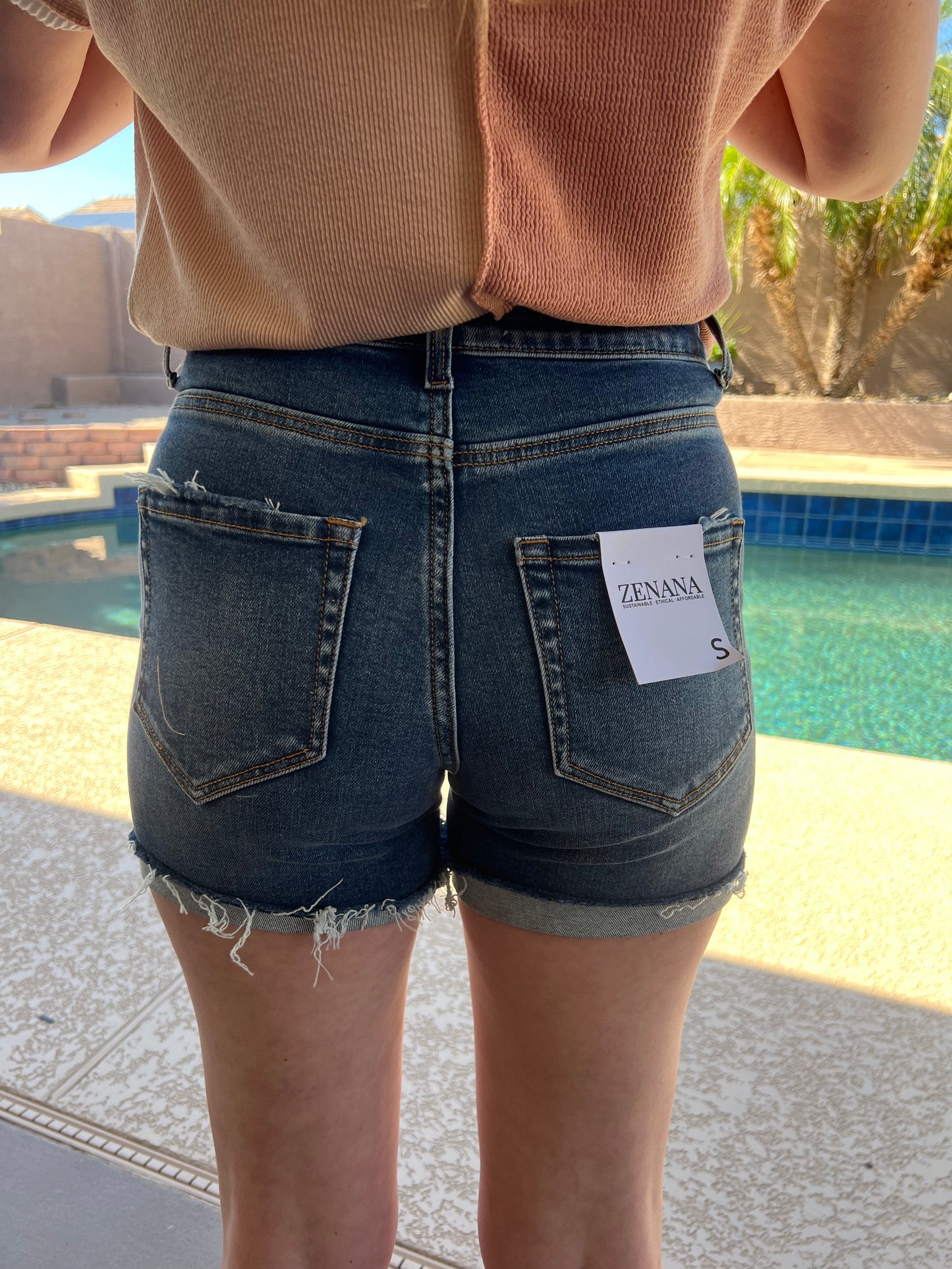 17 High Rise Distressed Cuffed Raw Hem Denim Shorts- Dark Wash