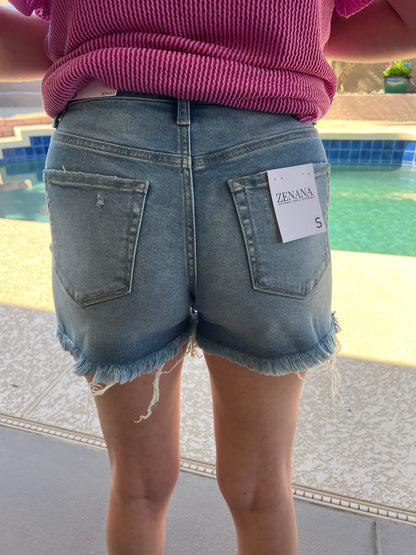18 Mid Rise Frayed Hem Denim Shorts- Medium Wash