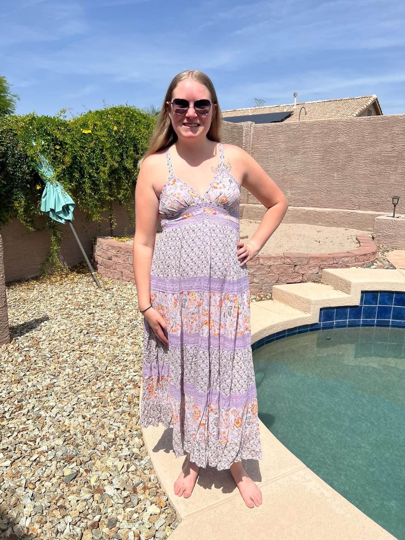V-Neck Lace Trim Maxi Dress- Multi Color