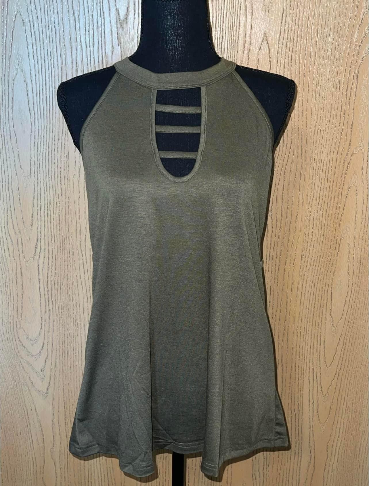 Green Casual Crew Neck Hollow-out Loose Tank