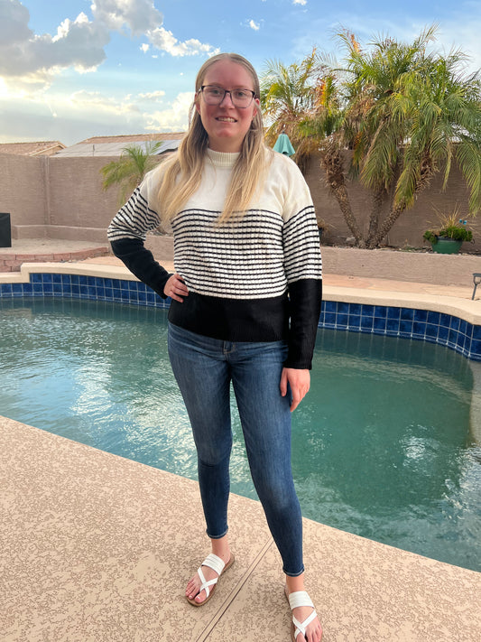 Casual and Basic Black Striped Round Neck Knit Top- Black Multi