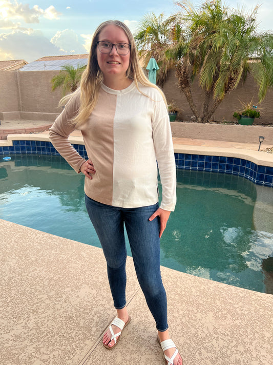 Colorblock Long Sleeve Top- Khaki & White