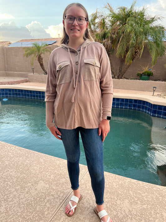 Corded Flap Pocket Drawstring Hoodie- Dark Brown