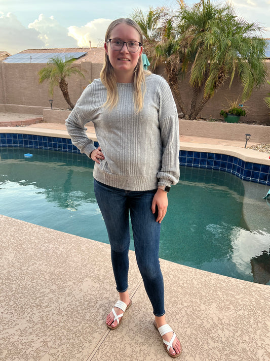 Textured Backless Long Sleeve Top- Light Grey