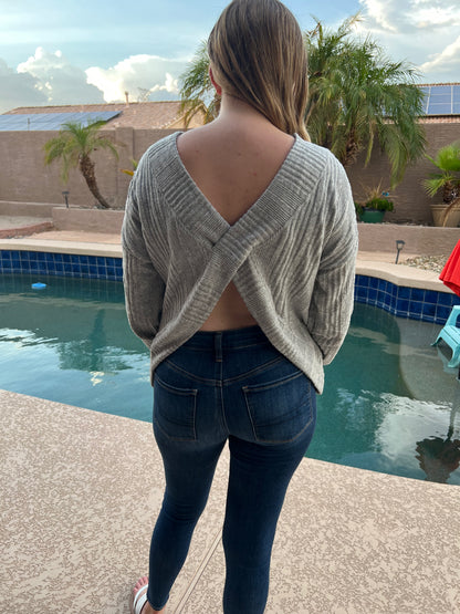 Textured Backless Long Sleeve Top- Light Grey