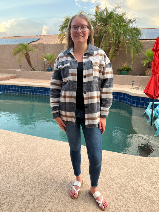 Classic Multi Plaid Collared Button Down Shacket- Navy Multi
