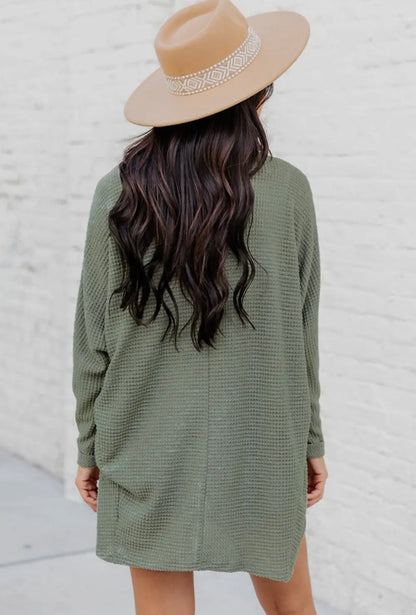 Waffle Knit Open Front Cardigan- Green