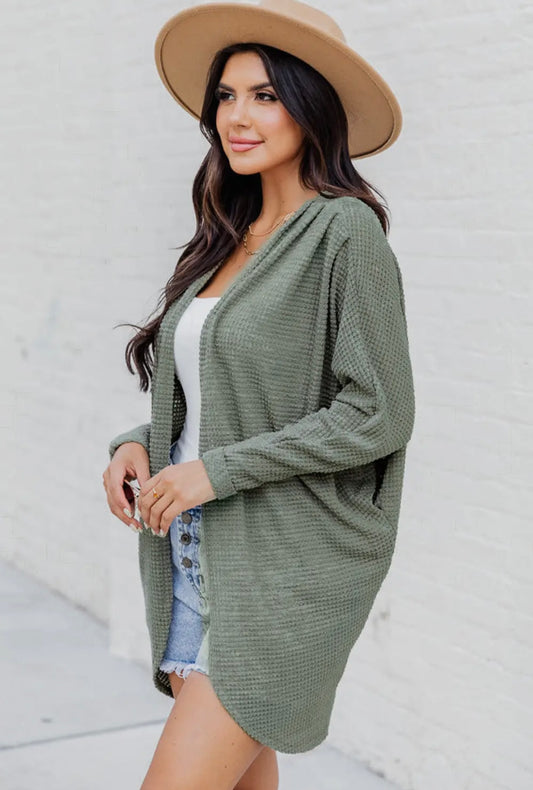 Waffle Knit Open Front Cardigan- Green