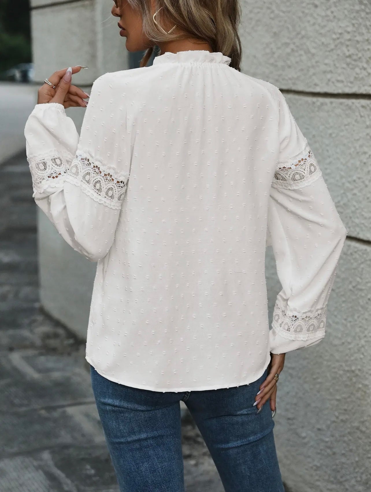 Long Sleeve Splicing Jacquard Shirt- White