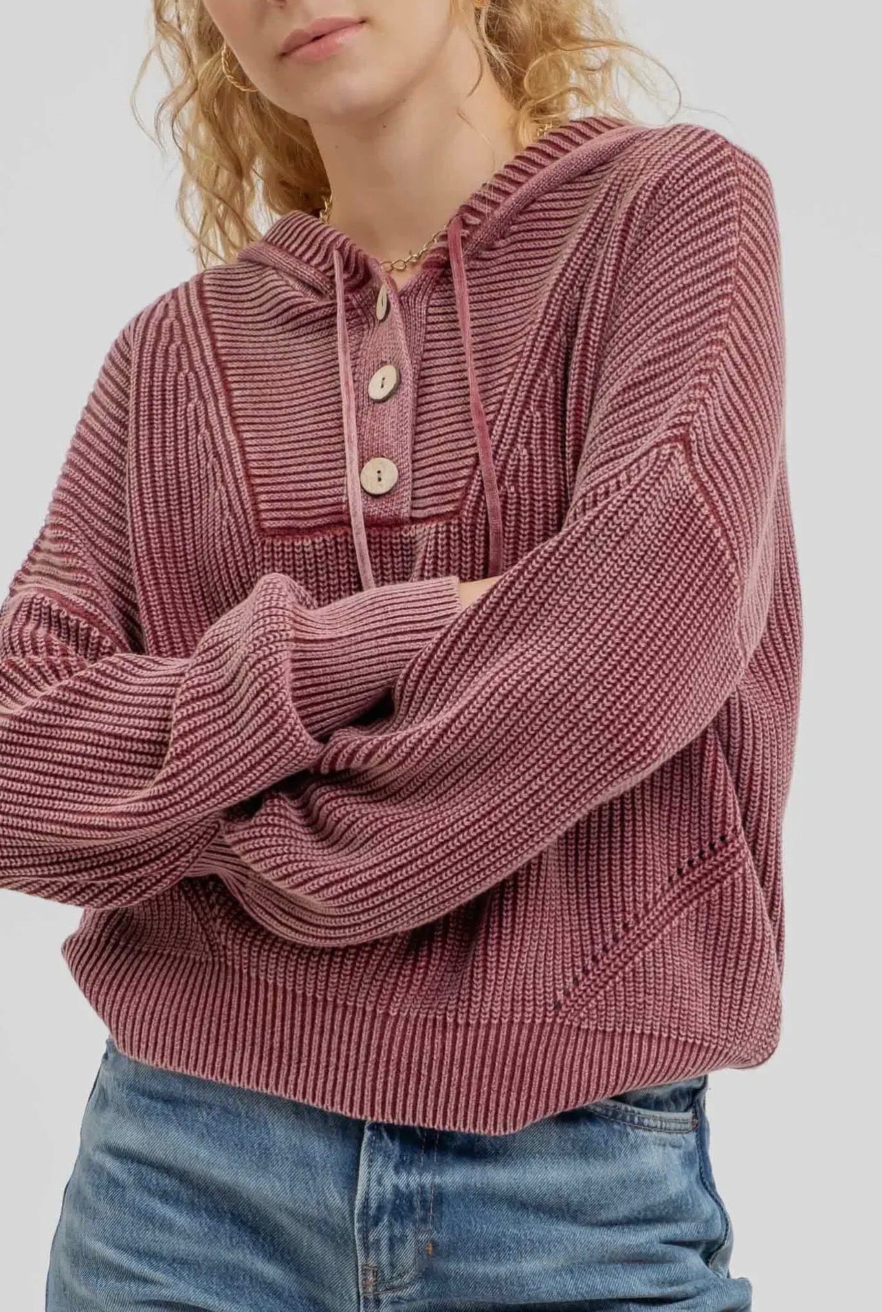 Hooded Henley Sweater- Burgundy