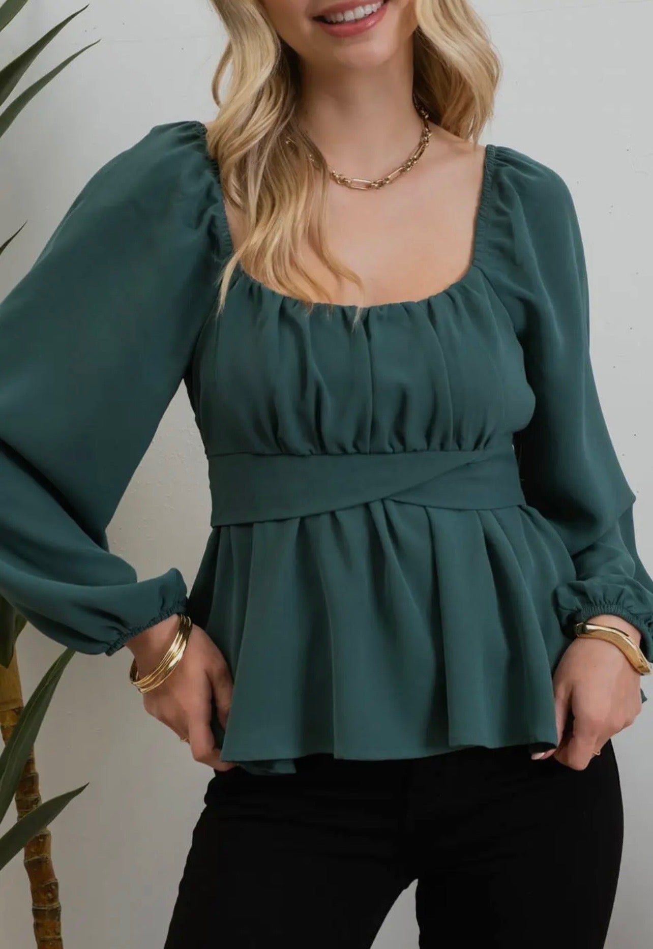 Scoop Neck Long Sleeve Tie Blouse