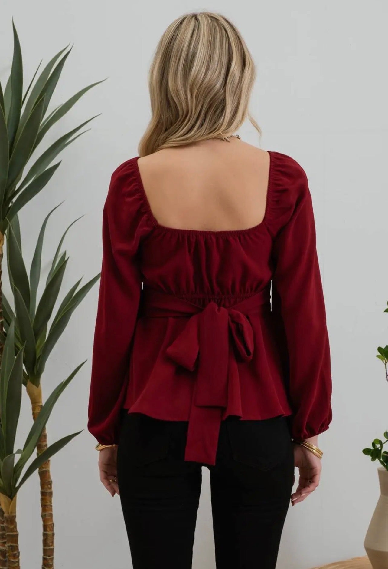 Scoop Neck Long Sleeve Tie Blouse