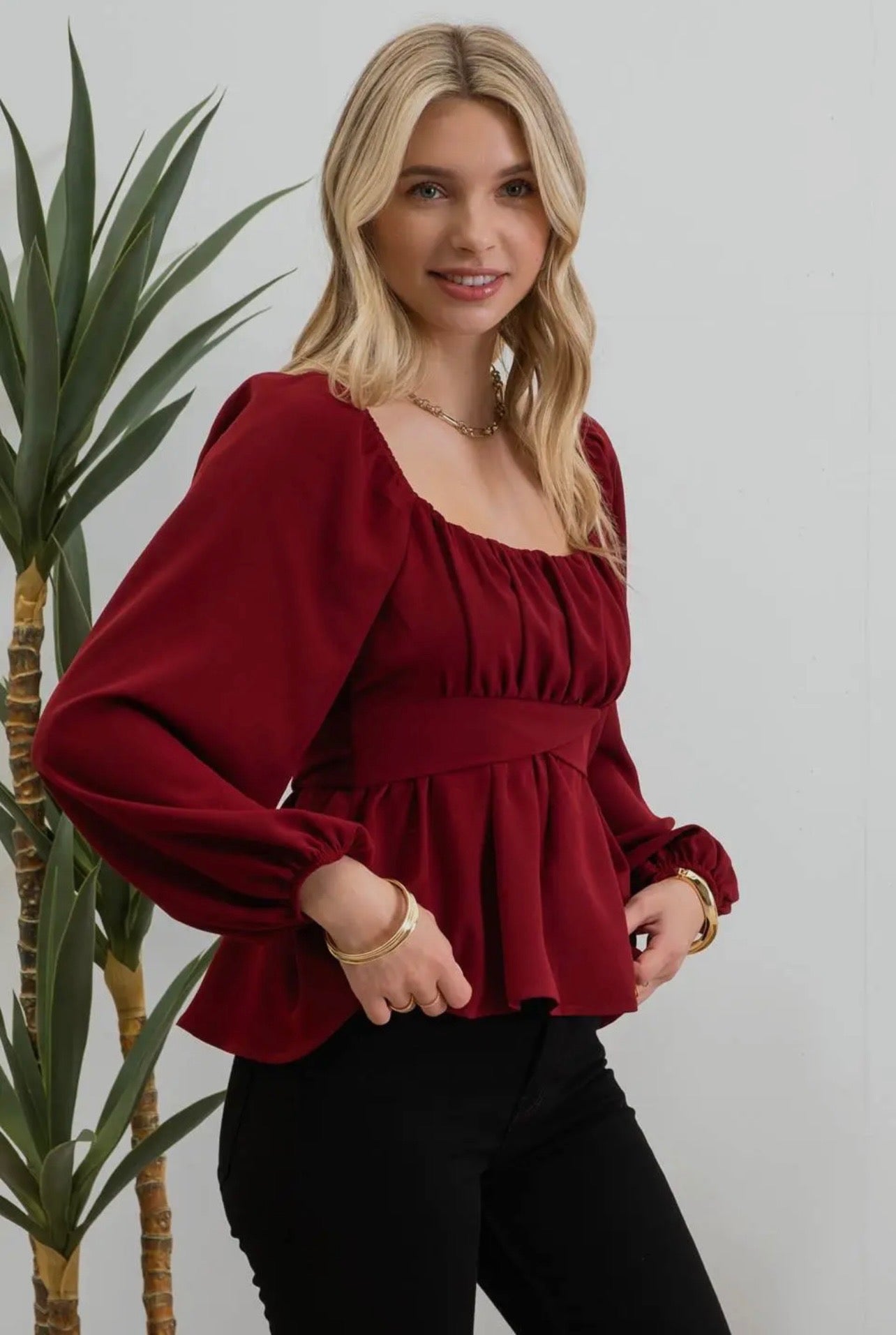 Scoop Neck Long Sleeve Tie Blouse