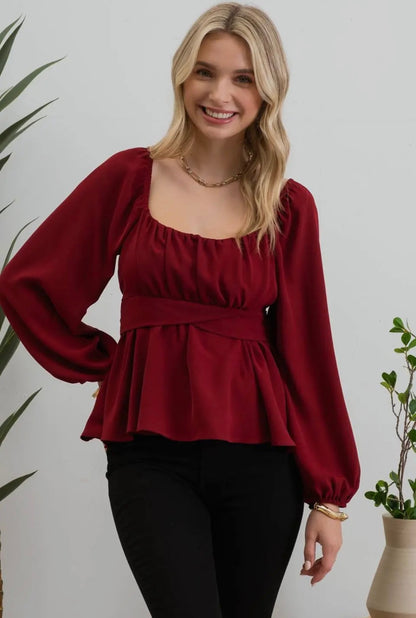 Scoop Neck Long Sleeve Tie Blouse