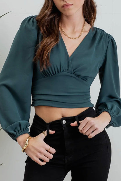 Wrap Long Sleeve Ruched Crop Top- Hunter green