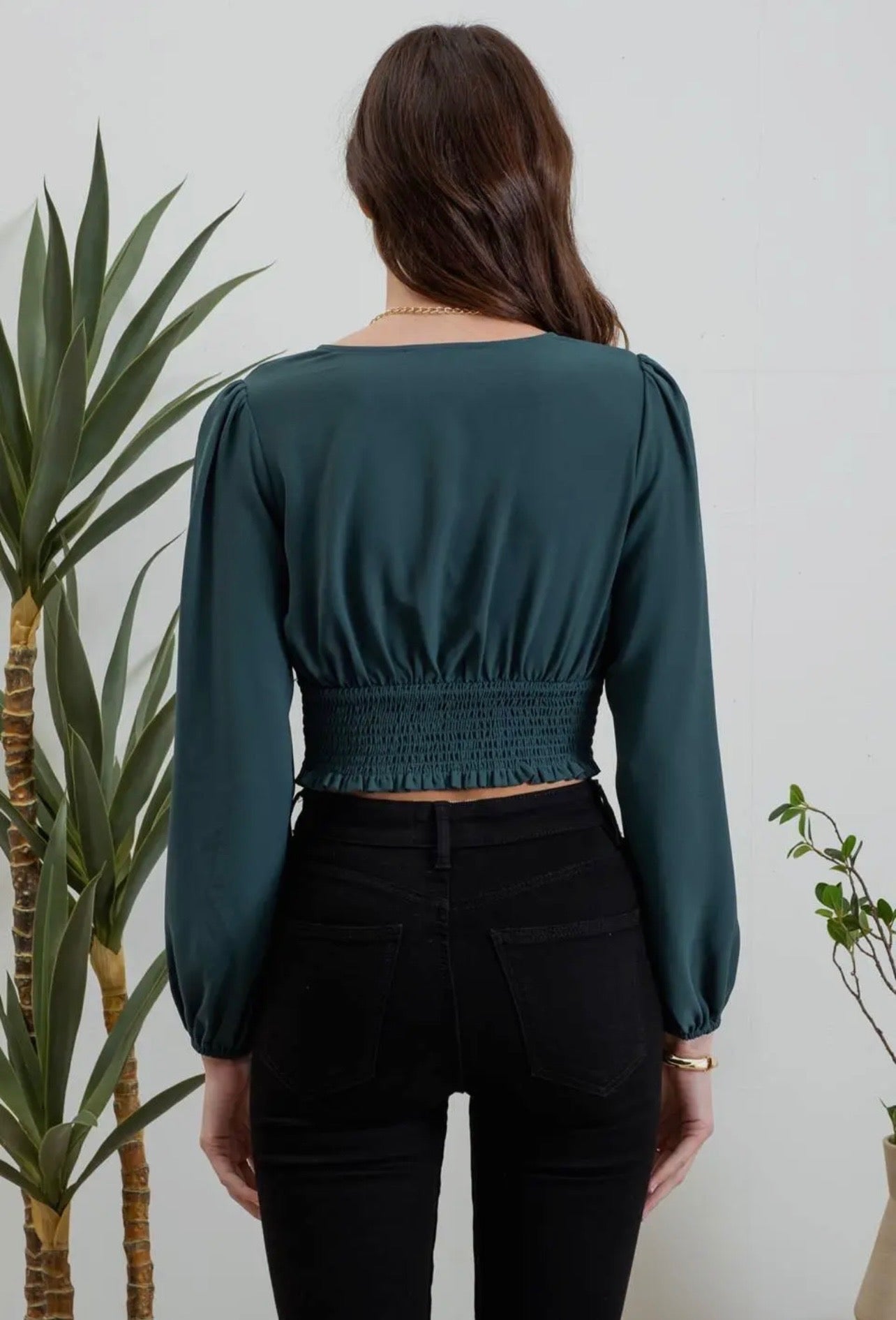 Wrap Long Sleeve Ruched Crop Top- Hunter green