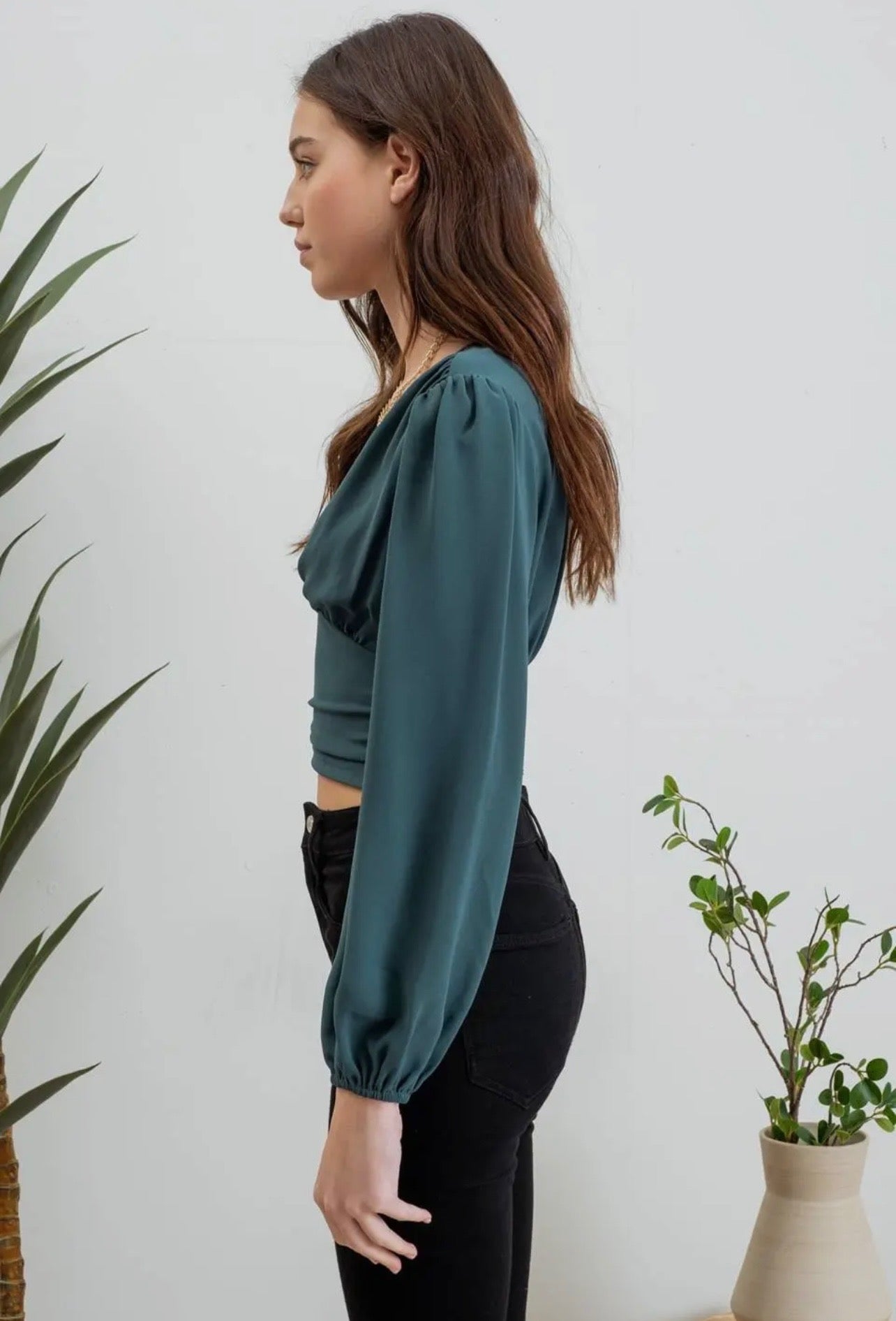 Wrap Long Sleeve Ruched Crop Top- Hunter green