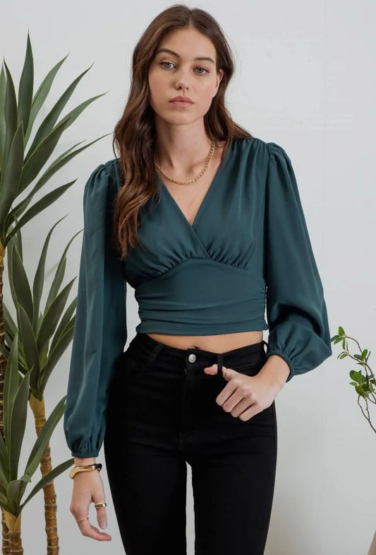 Wrap Long Sleeve Ruched Crop Top- Hunter green