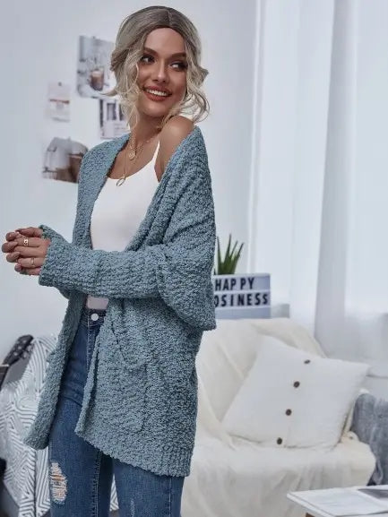 Blue Chunky Knit Open Cardigan w/ Pockets