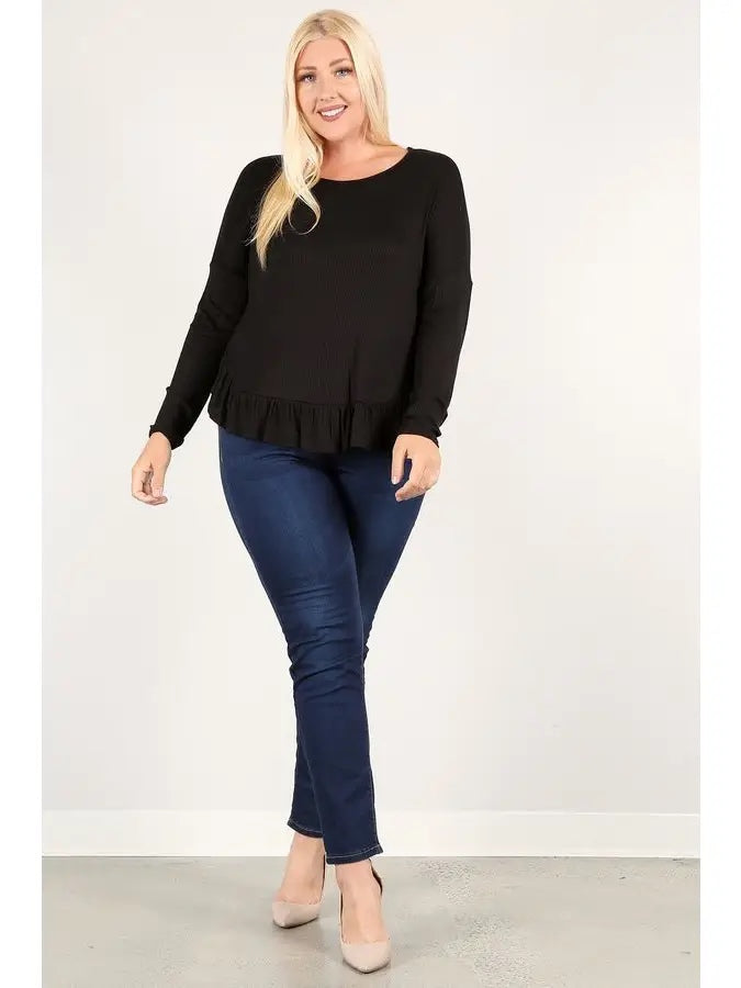 Black Ruffled Hem Ribbed Top