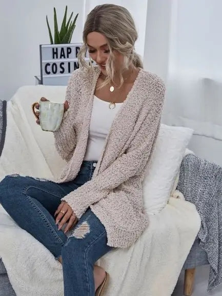 Cream Chunky Knit Open Cardigan w/ Pockets