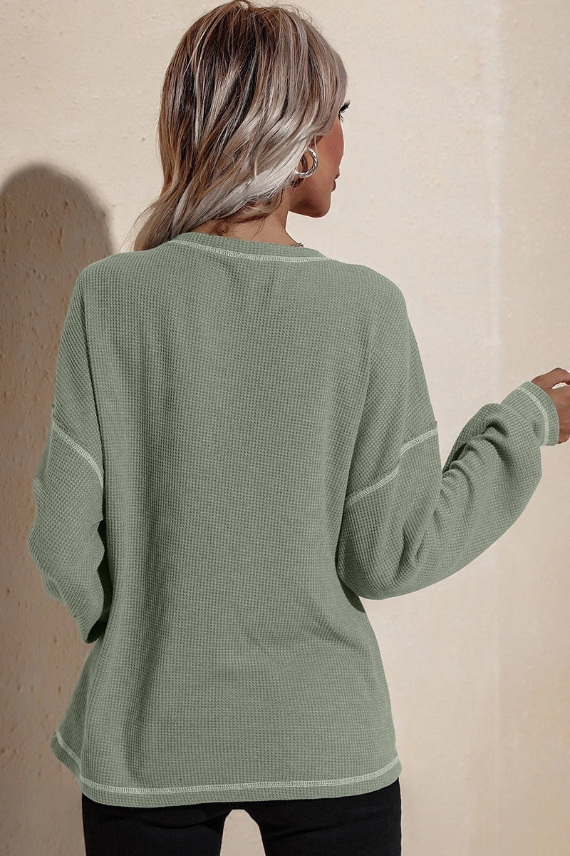 Round Neck Long Sleeve Knit Top- Green