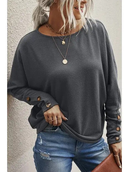 Round Neck Button Long Sleeve Top- Charcoal