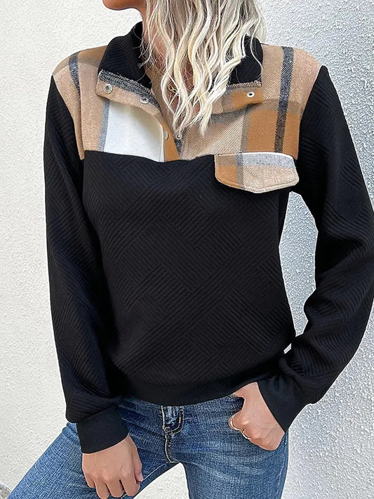 Stand Collar Snap Button Plaid Splicing Sweatshirts