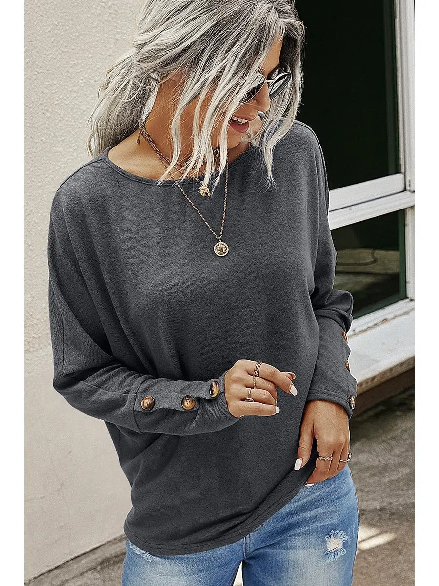 Round Neck Button Long Sleeve Top- Charcoal