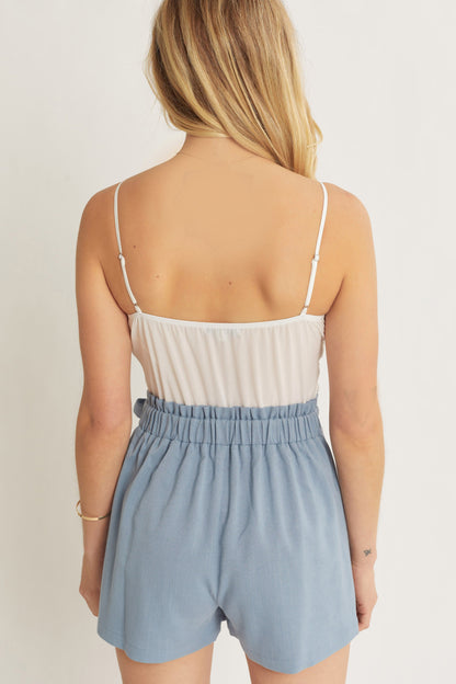 Woven Lace Cami Waist Belted Romper