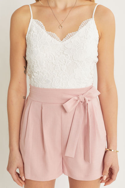 Woven Lace Cami Waist Belted Romper