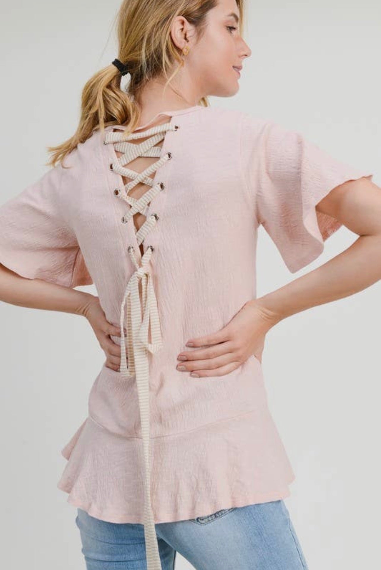 Back V-Neck With Tie Down Back- Pink