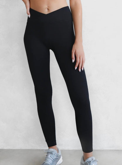 Ribbed Crossover Leggings- Black