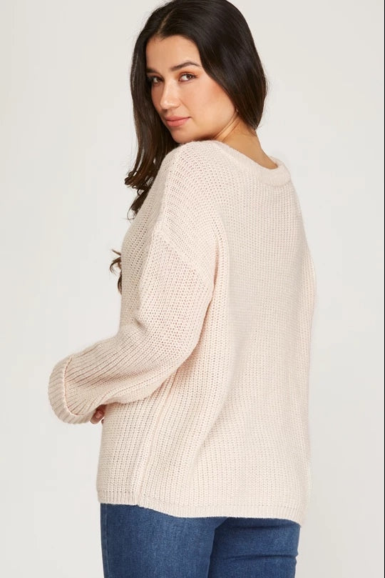 Long Sleeve V Neck Sweater- Cream