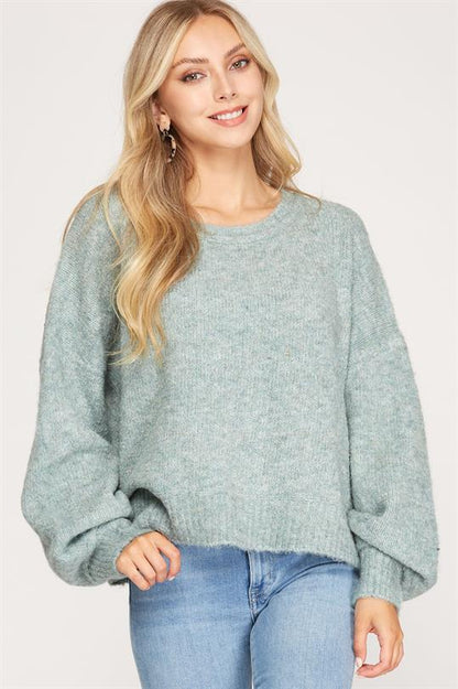 Long Sleeve Puff Sweater- Misty Slate